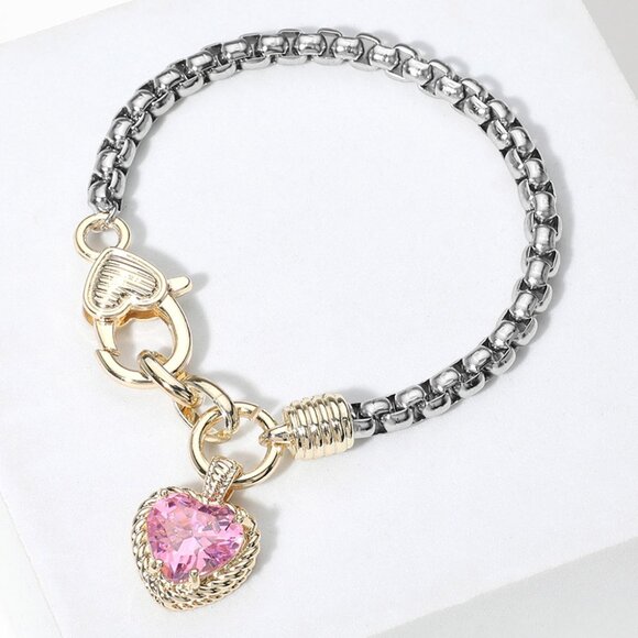 Two Tone CZ Stone Pink Heart Charm Bracelet - Picture 1 of 4